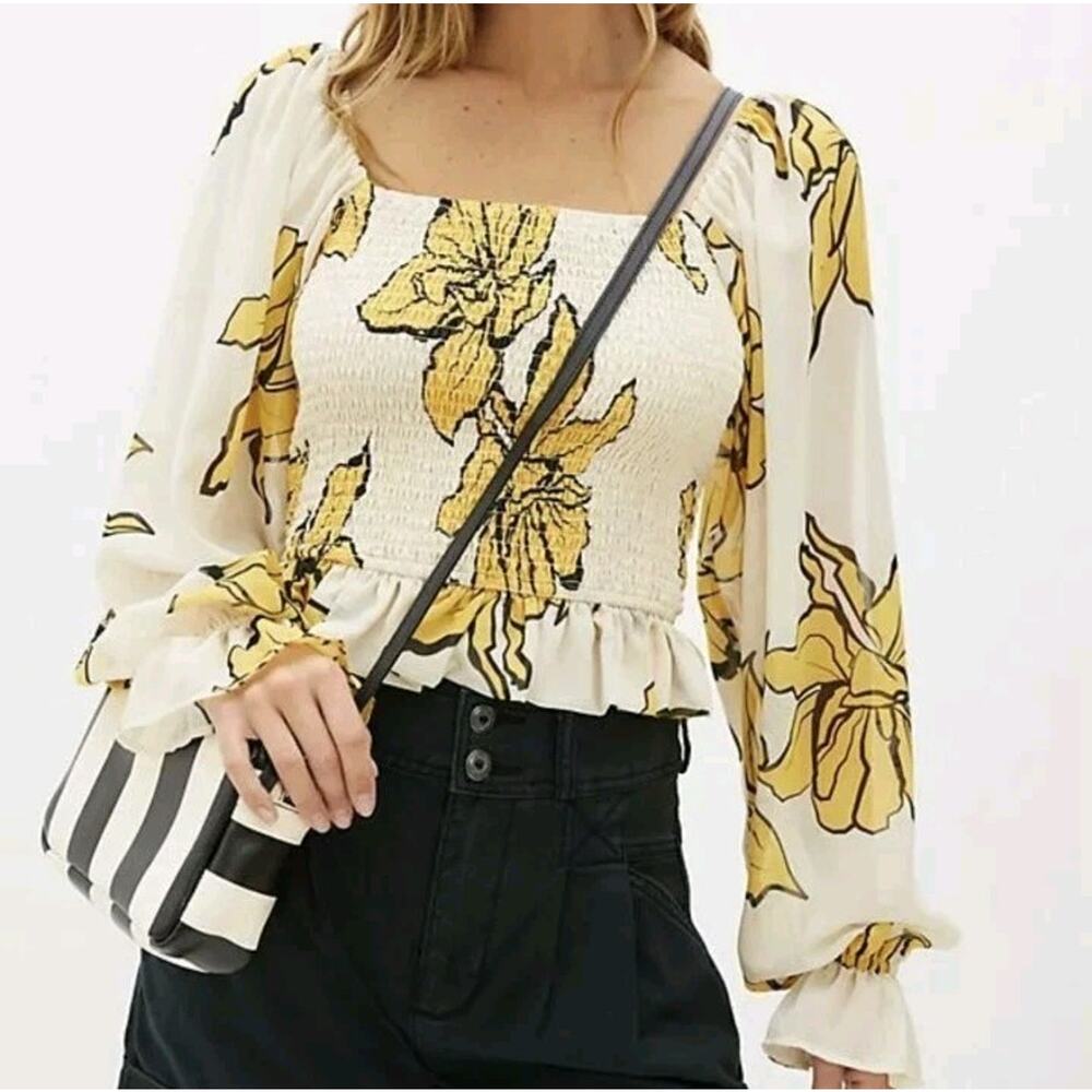 Anthropologie Hutch Floral Square Neck Puff Sleeve Smocked Cream Yellow Top XL